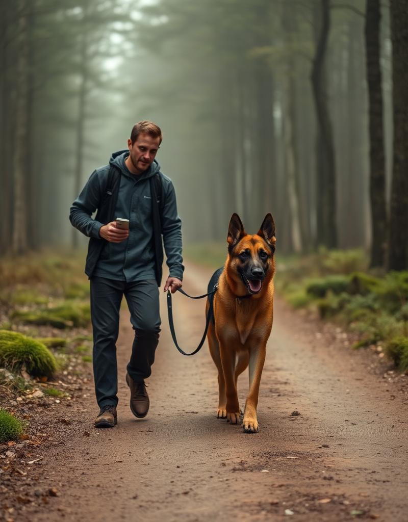 Hundetrainer mit Schäferhund auf nebligem Waldweg